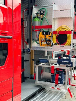 Fire truck with rescue equipment in Bayreuth, Germany, showcasing tools and safety gear.